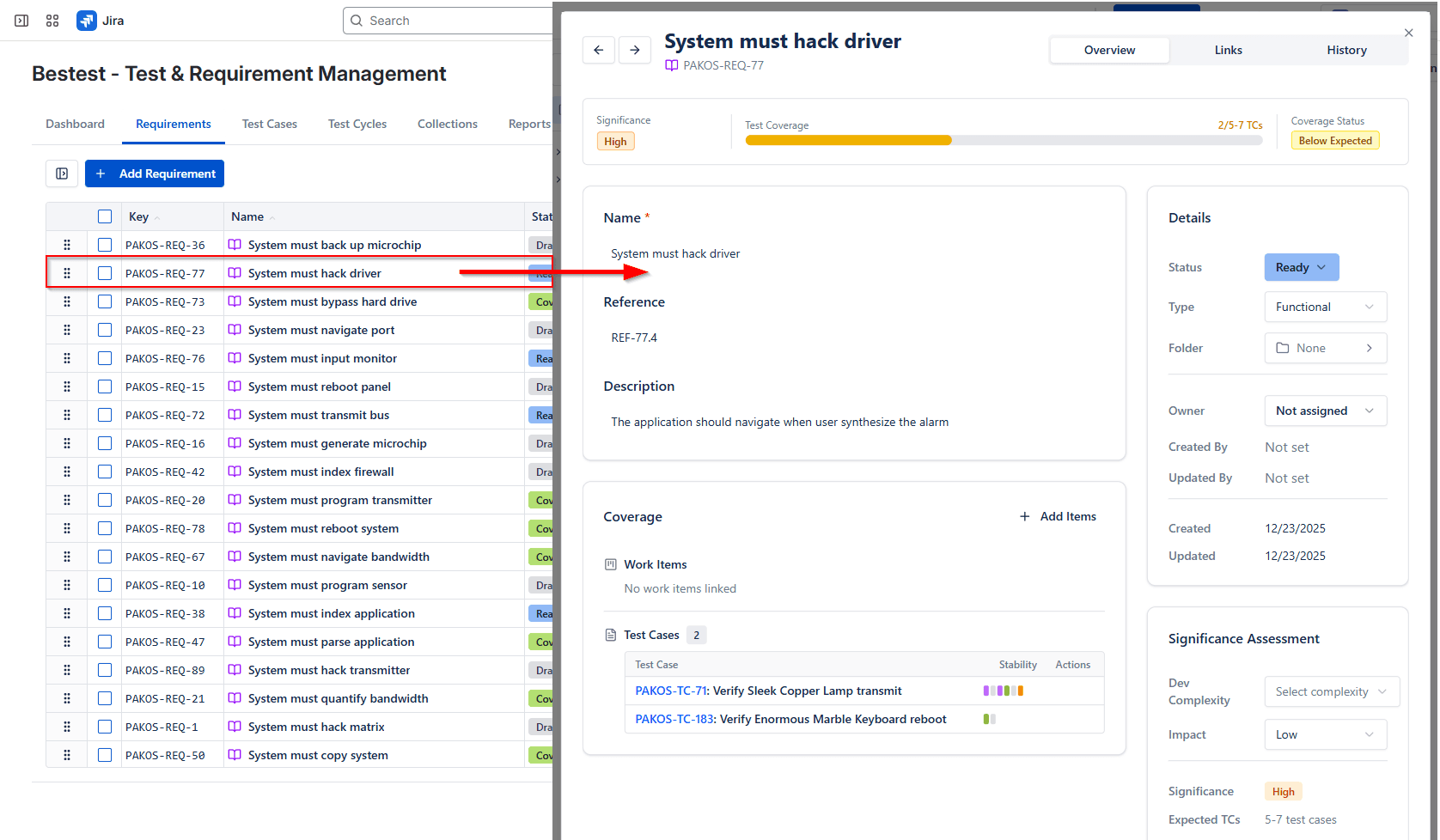 Requirements management with test case coverage links