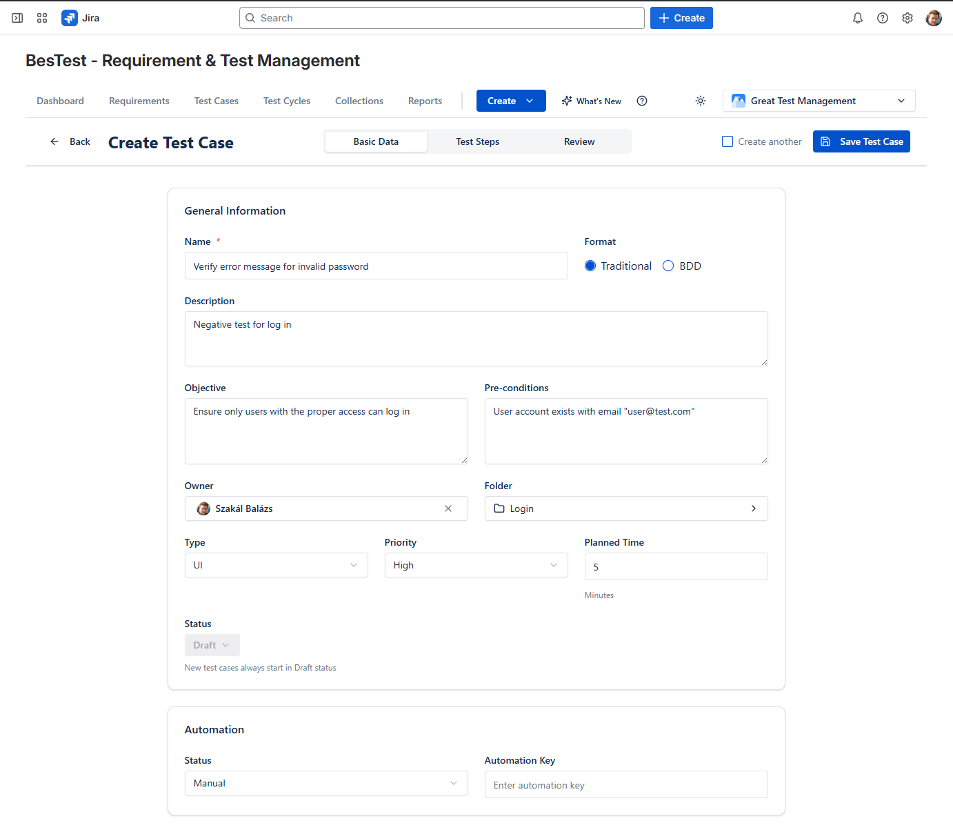 Test case creation form in BesTest