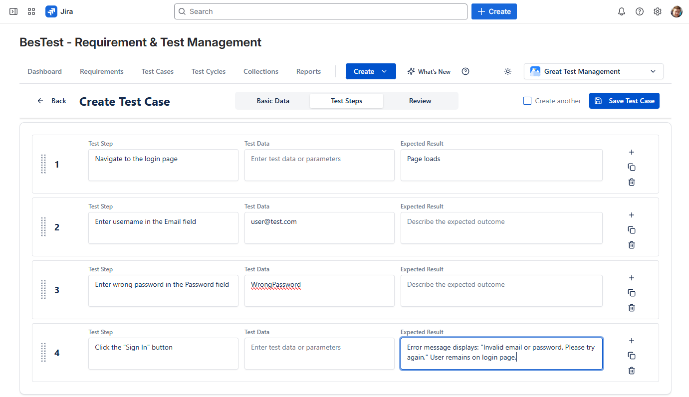 Test case with steps and expected results in BesTest