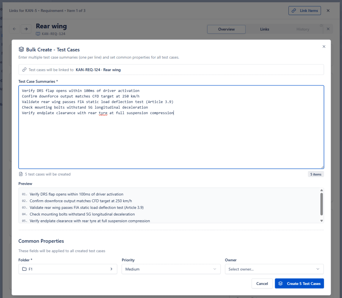 Create + Link test cases to a requirement