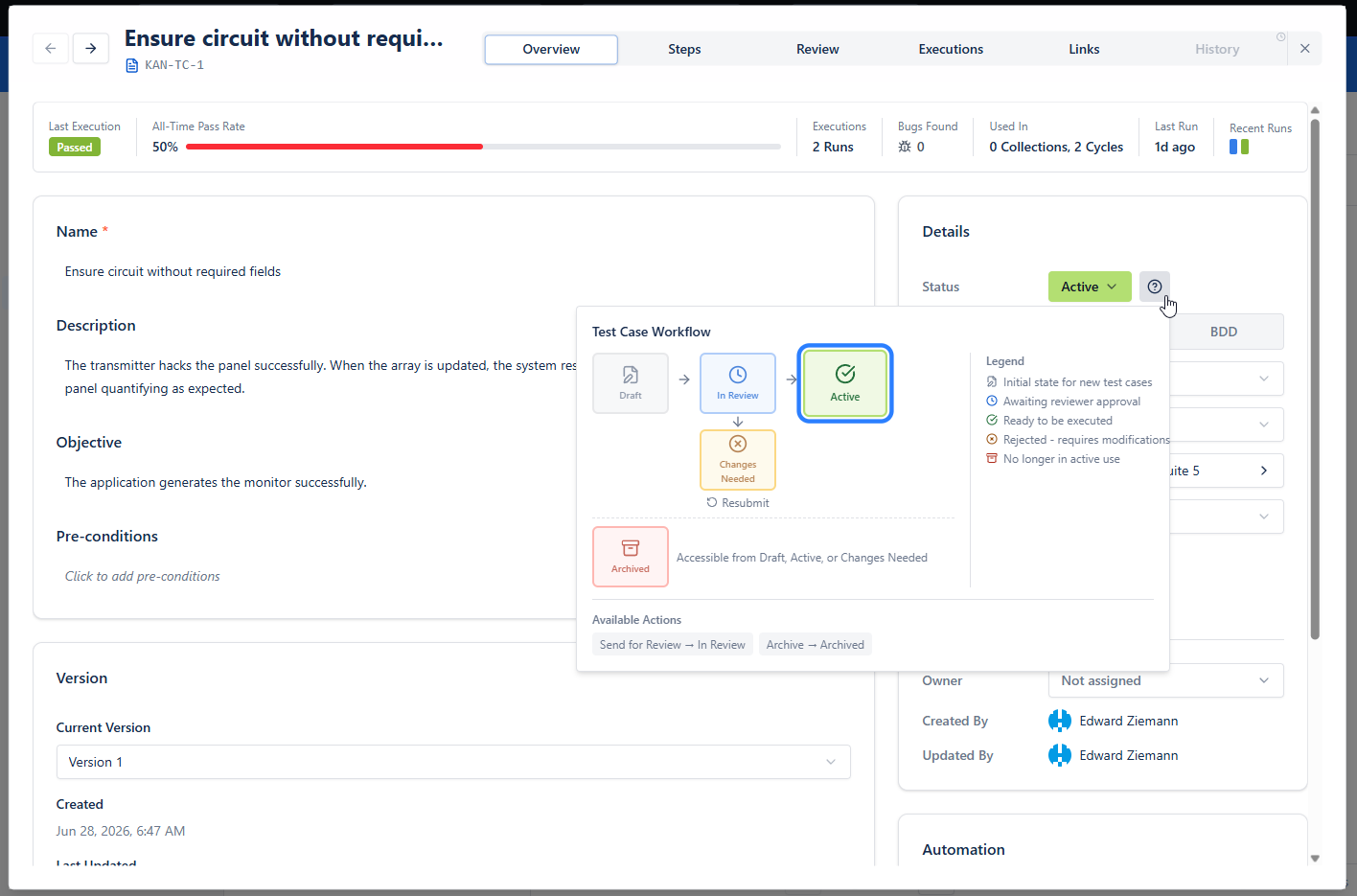 Test case lifecycle statuses - no resolution anywhere