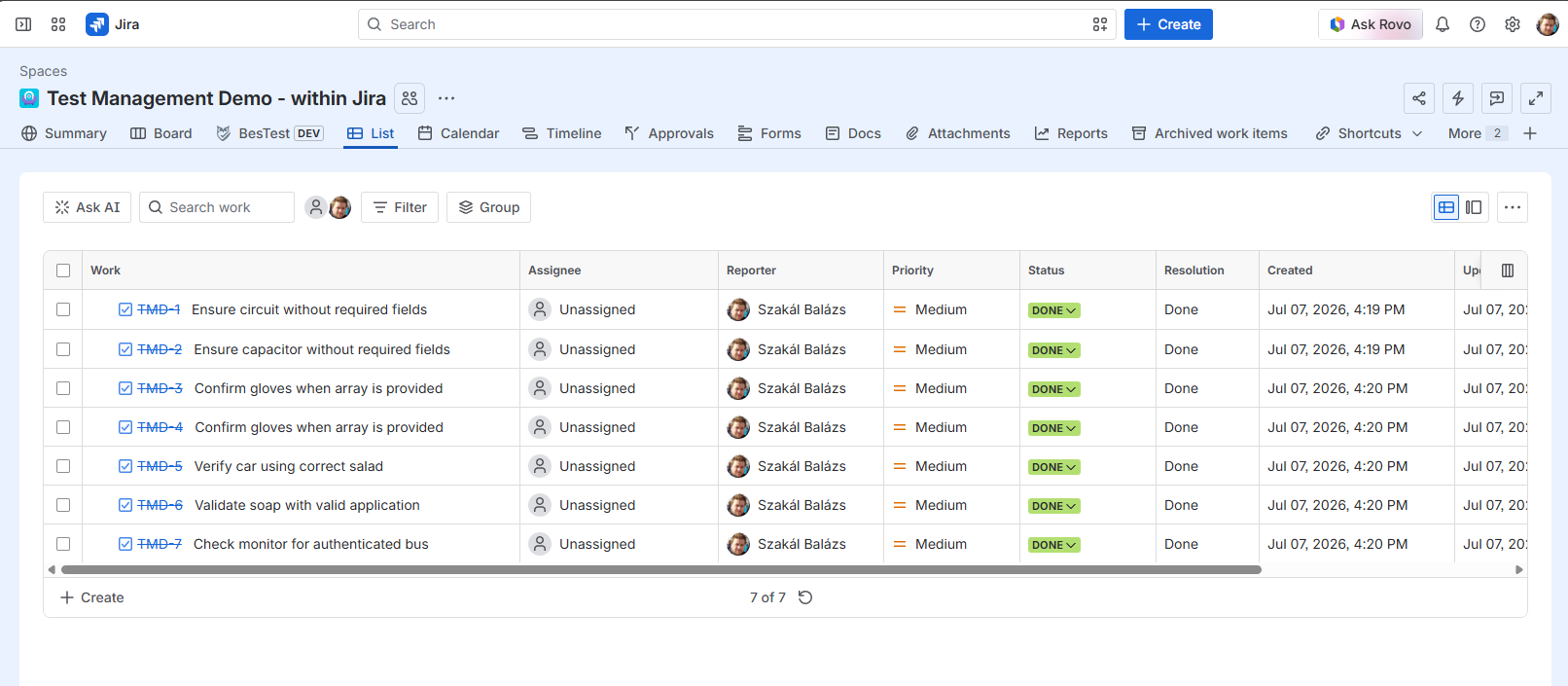 A test case catalogue stored as resolved Jira issues - every row struck through