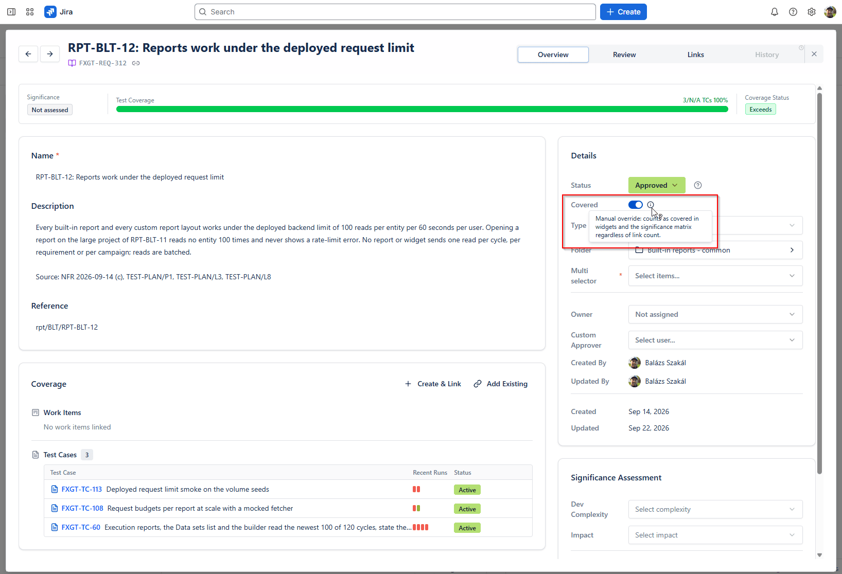 The Covered toggle on a requirement: a manual override that counts as covered in widgets and the significance matrix regardless of link count