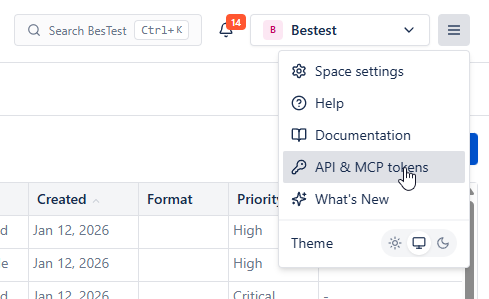 The BesTest app menu with API & MCP tokens highlighted