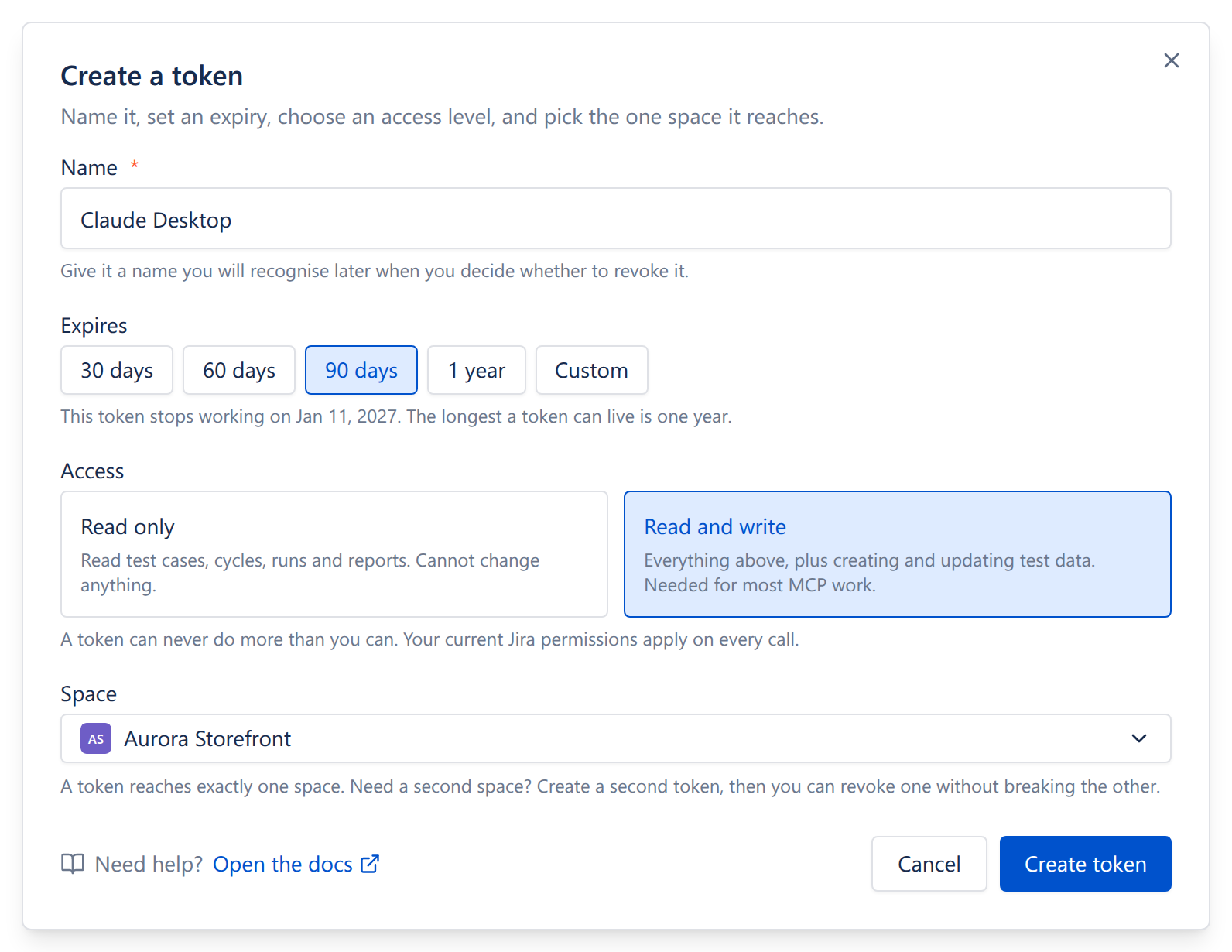The Create a token dialog: name, expiry, access level and Space