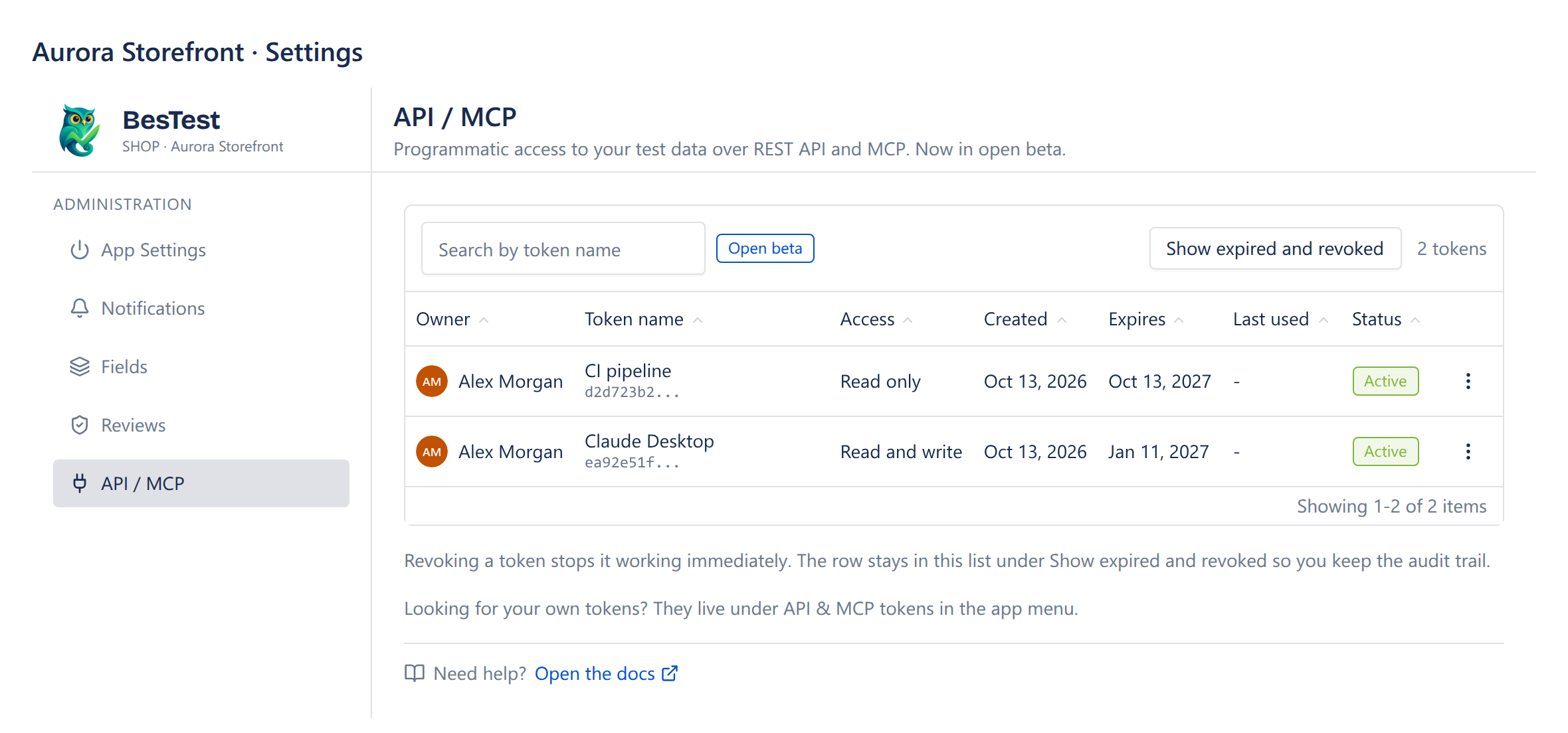 The API / MCP screen in Space settings, listing every token aimed at the Space