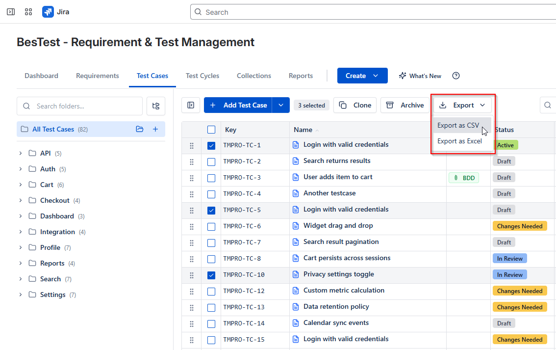 Exporting Requirements and Test Cases