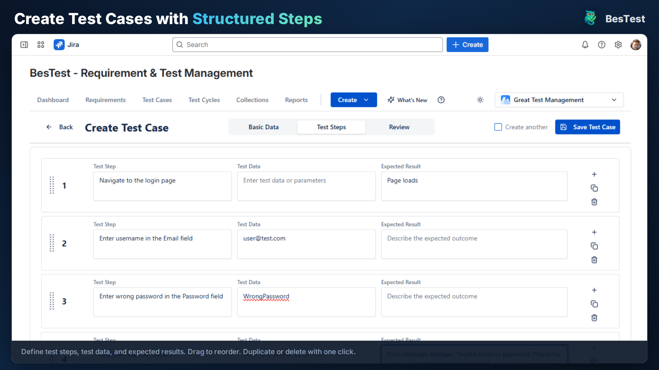 Writing structured test case steps with expected results in BesTest
