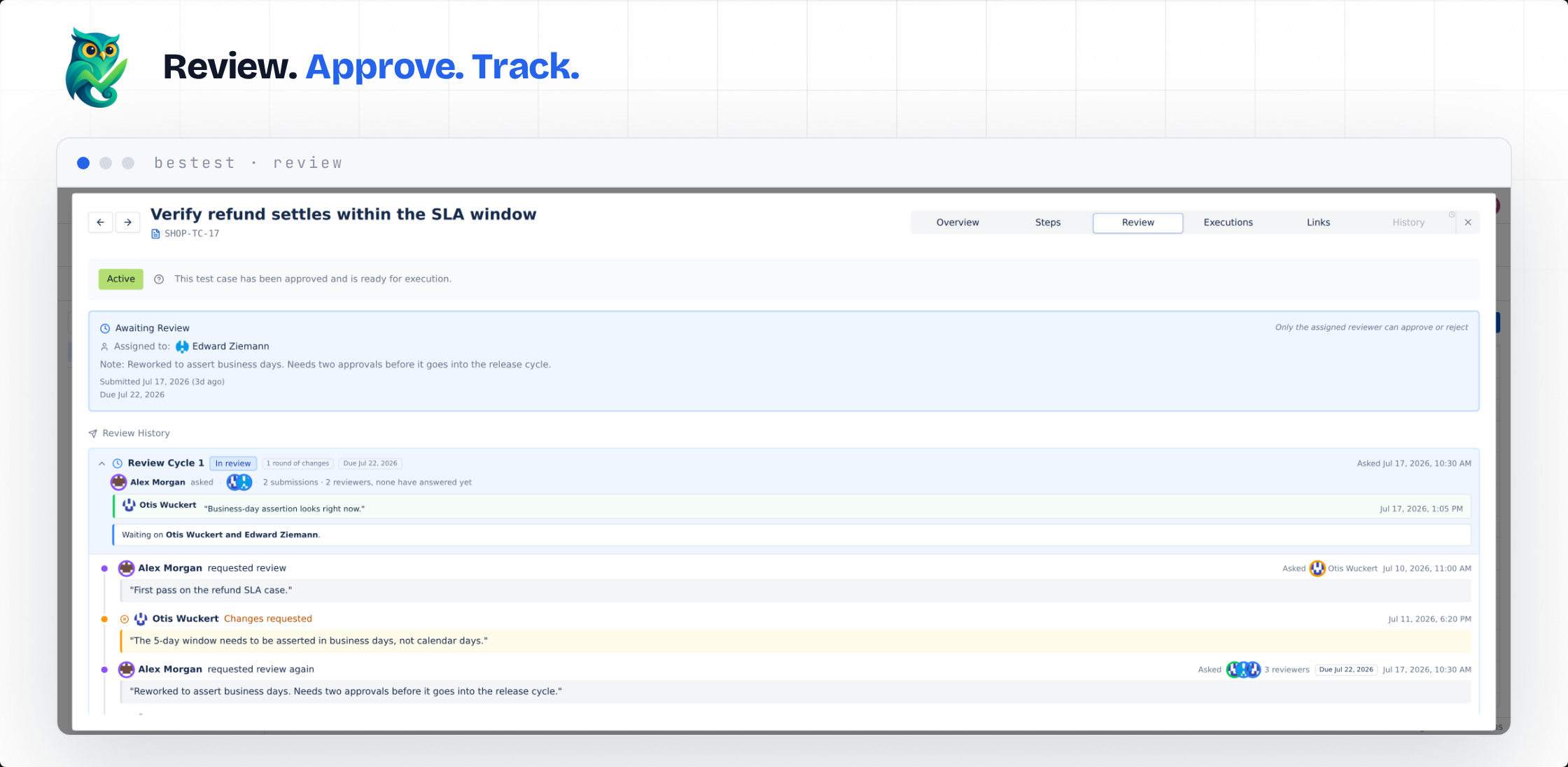 BesTest review workflow: review requests, approvals, and the review audit trail