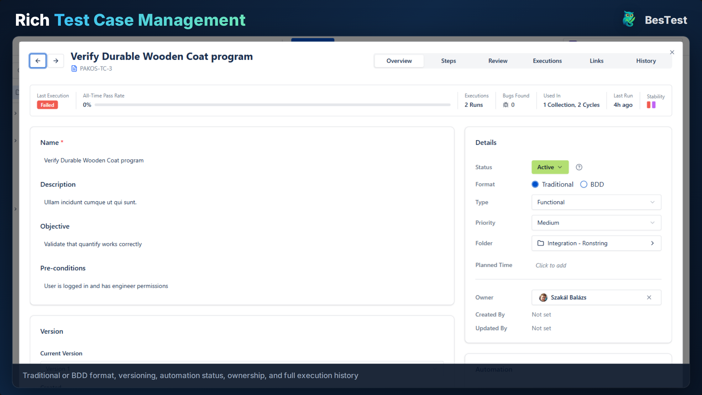 API test case detail panel with preconditions and environment configuration in BesTest