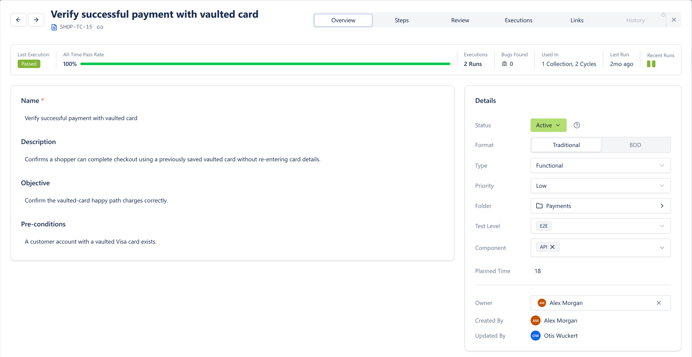 Test case detail in BesTest: stats bar, format, priority and custom fields