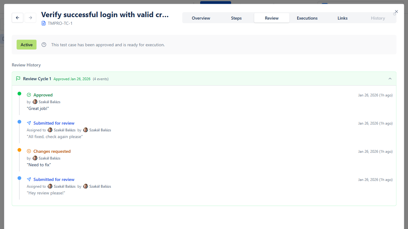 BesTest test case review workflow showing timestamped approval history for compliance